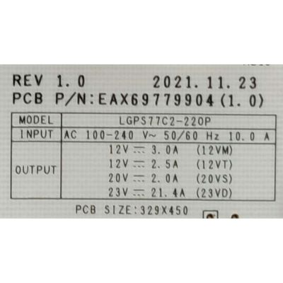 FUENTE DE PODER PARA TV G / NUMERO DE PARTE EAY35967803 / EAX69779904(1.0) / LGPS77C2-220P / GN9GA359678034580 / 2GPRSL2Q-0001 / PANEL AC770AQL CQA1_RS / MODELO OLED77C2AUA.DUSQLJR	 - Imagen 3